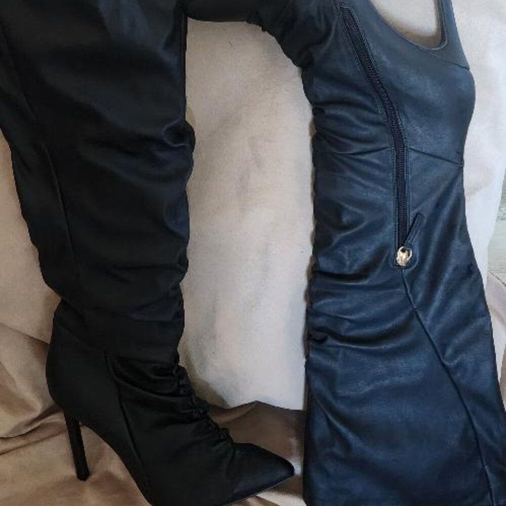 WILD DIVA Black Faux Leather Point Toe Side Zipper Knee High Heel Boots Sz 8.5M